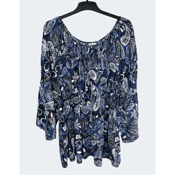 Avenue Plus Blue Paisley Keyhole Neck Blouse 3/4 Sleeve Plus Size 30/32 - Picture 8 of 13